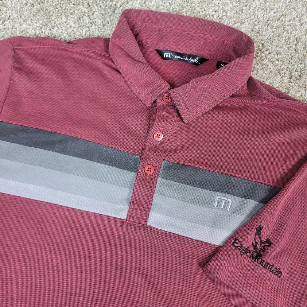 Travis Mathew Mens Medium Red Gray Striped Performance Stretch Polo Short Sleeve